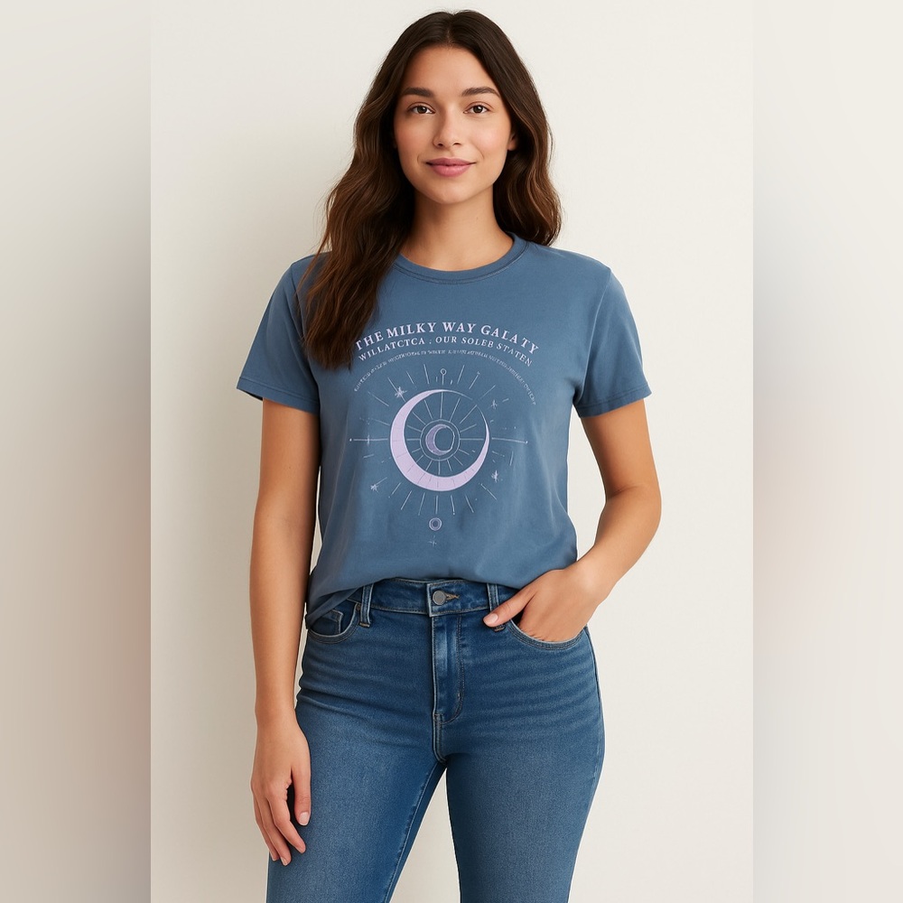 Blue Graphic Relaxed T-Shirt with Moon Design S NWT